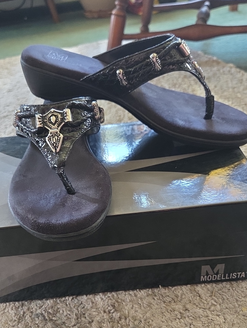 Wedge Thong Sandals with Decorative Metal Accents - Black